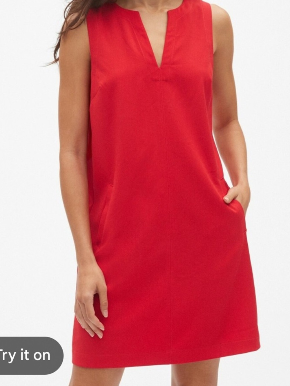 Gap sleeveless split-neck shift dress in pure red.